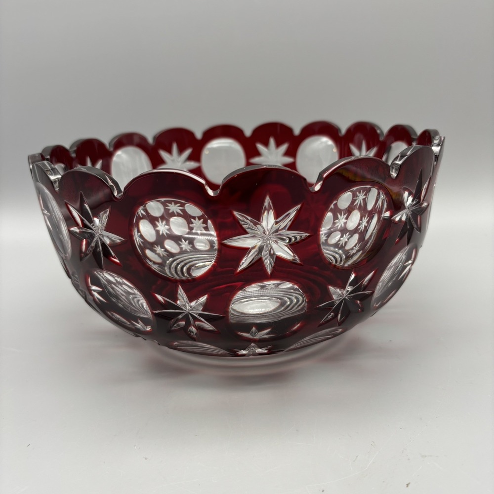 Vintage Bohemian Hand Cut Crystal Glass‎ Ruby to Clear bowl SIGNED 8.75"